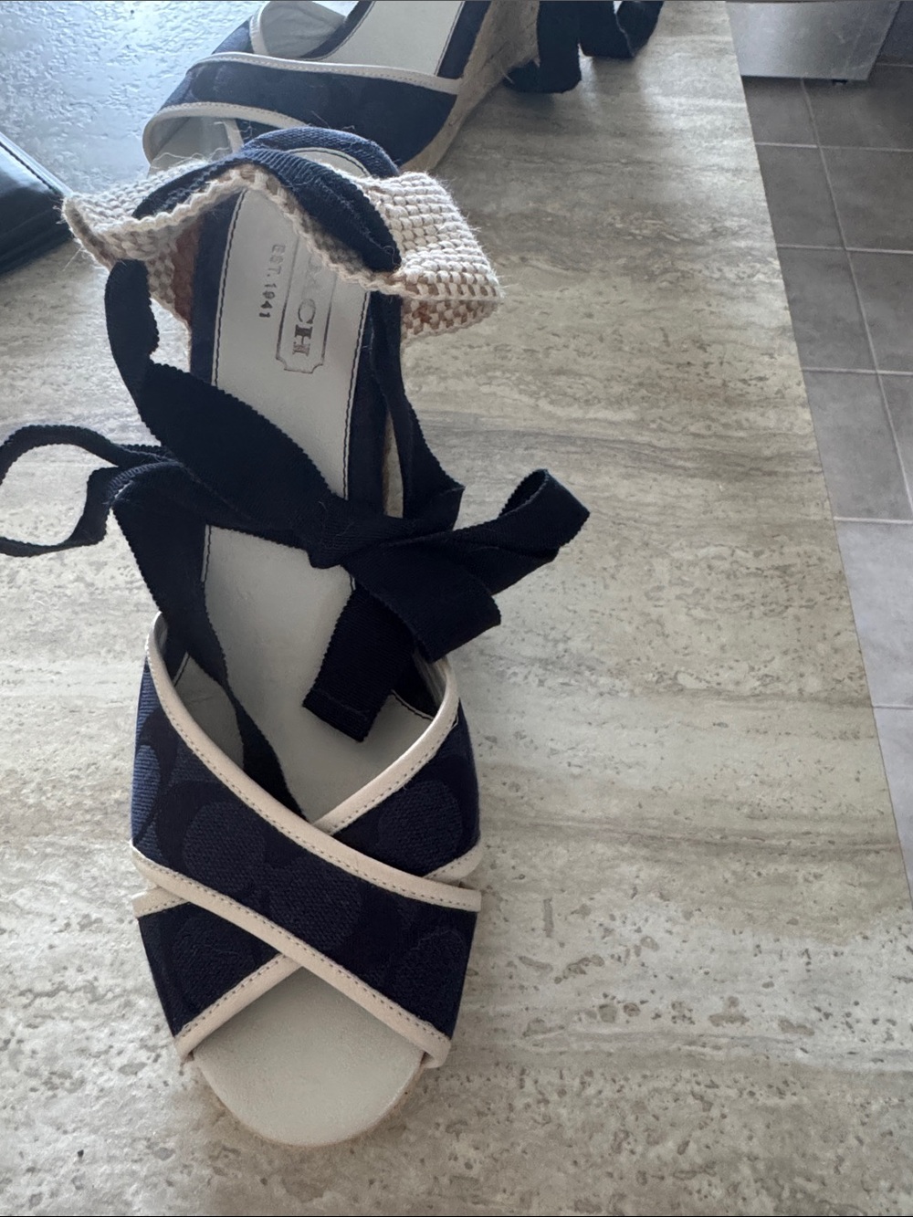 Coach Navy and Cream Canvas Espadrille Wedge Sandals with Ankle Wrap